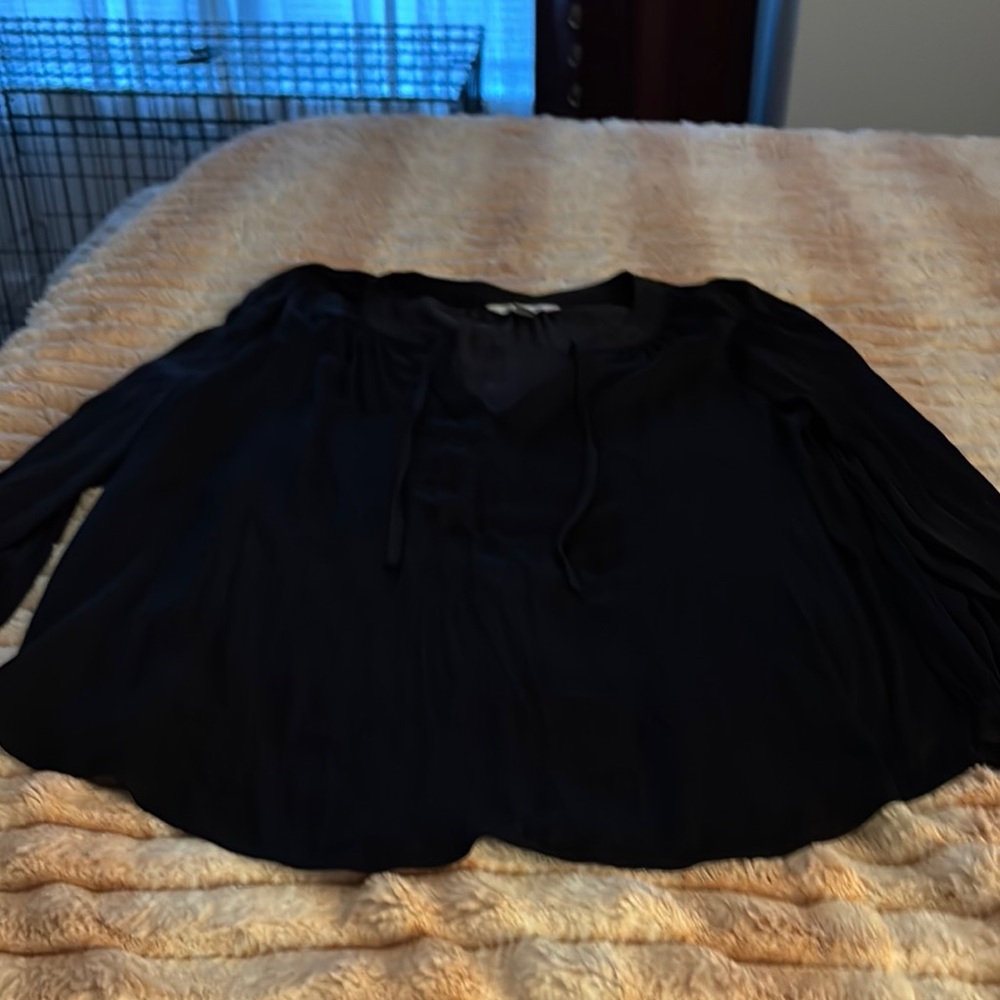 Nine West Black Tie Front Blouse with Crew Neck and 3/4 Sleeves